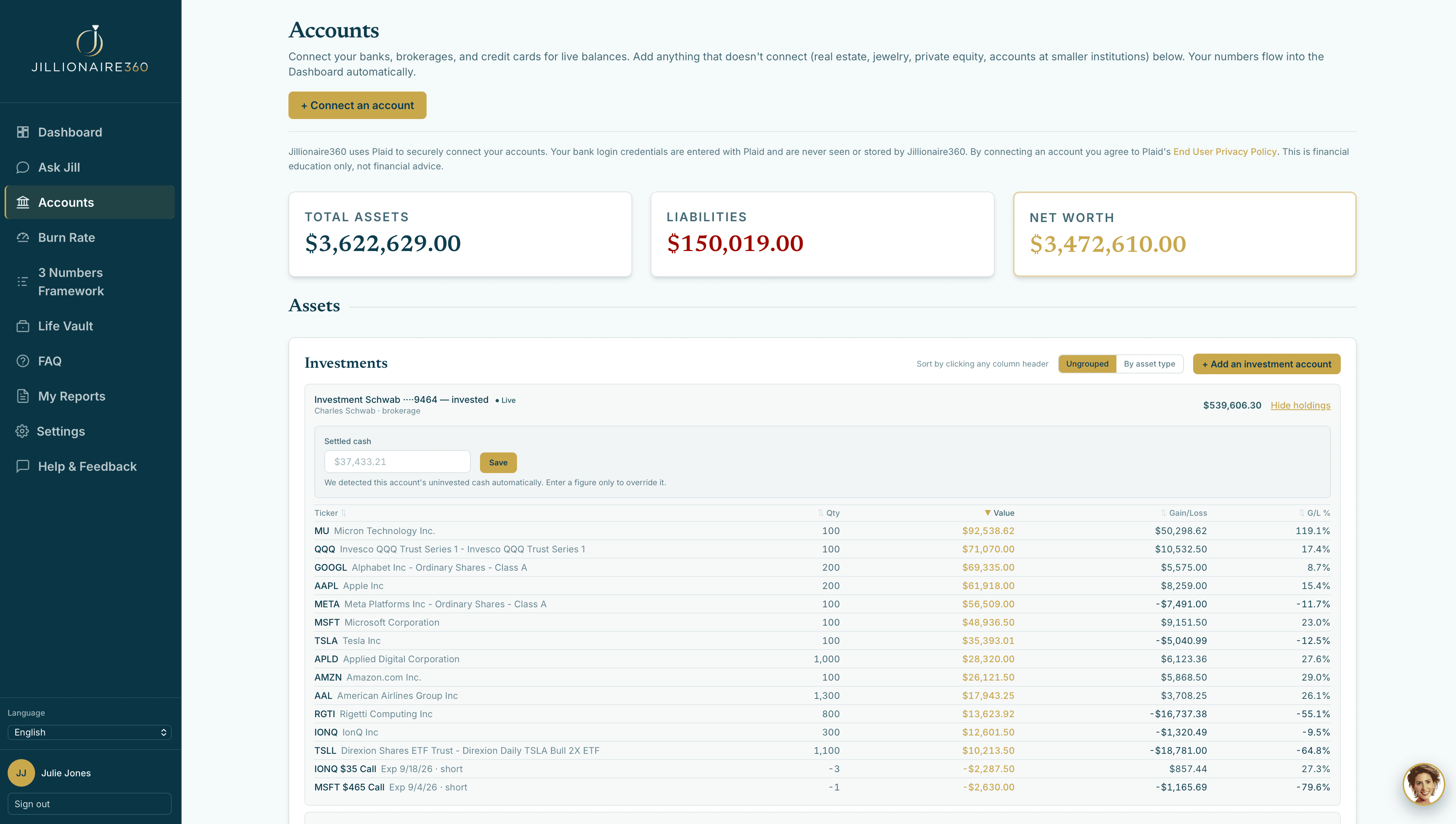 Investment accounts with live holdings, values, and gains